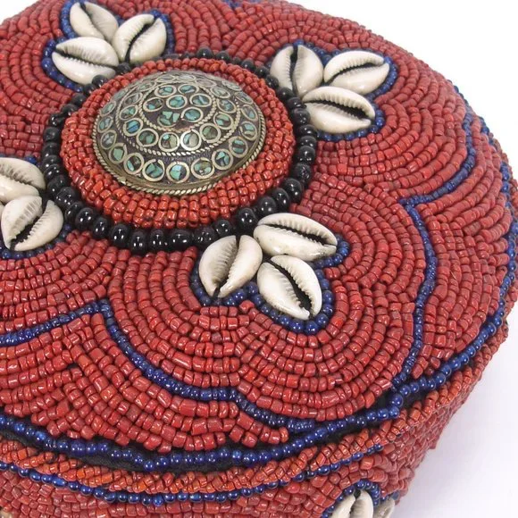 BEADED COWIRE SHELL SILVER TURQUOISE CULTURAL ETHNIC TRIBAL HAT HAND MADE Hats